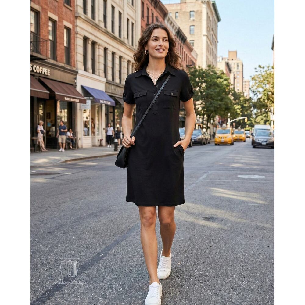 En Focus Size 6 Black Safari Shirt Dress Utility Short Sleeve‎ Button Front Mini
